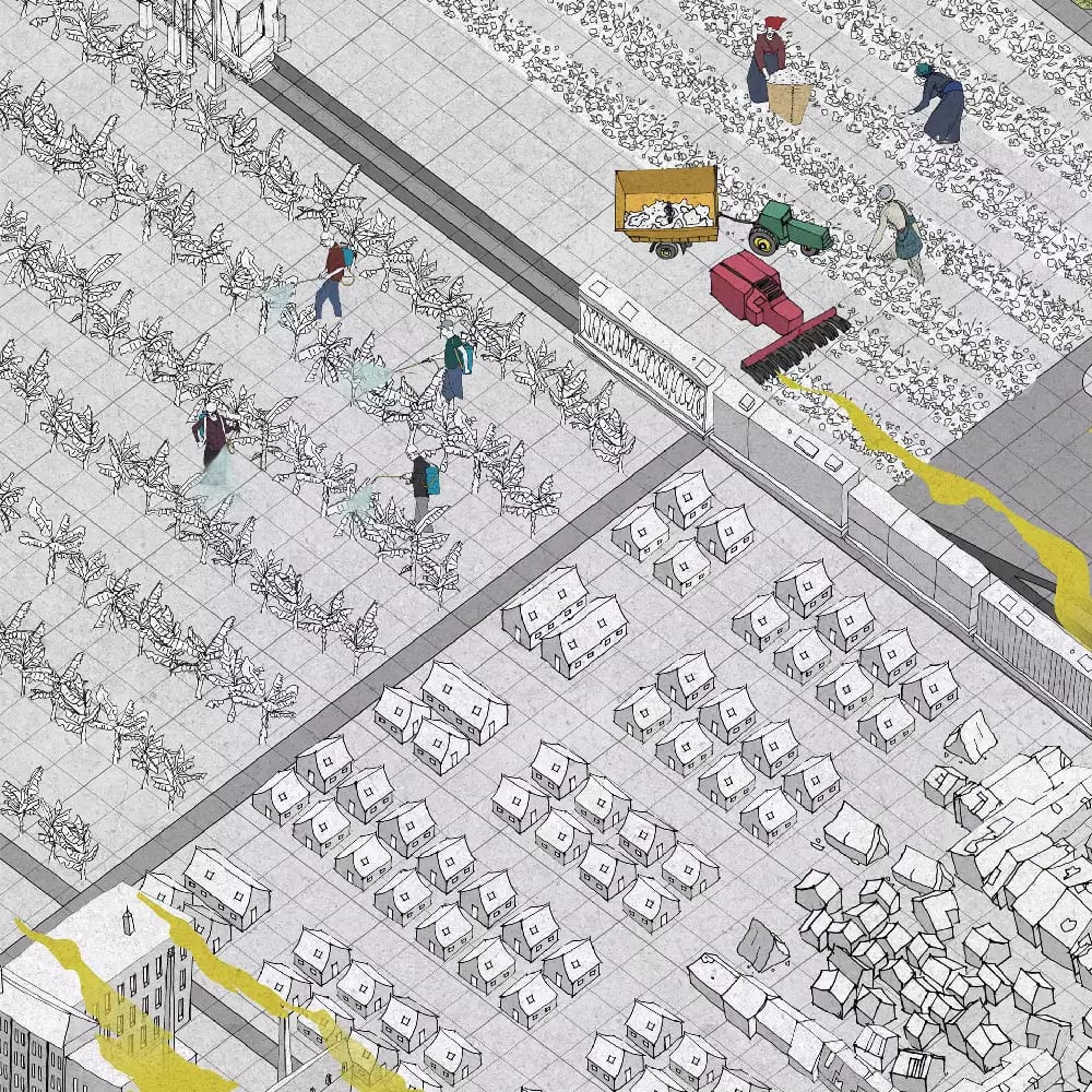 An architectural drawing from above of some people working in a field with crops growing in long straight lines