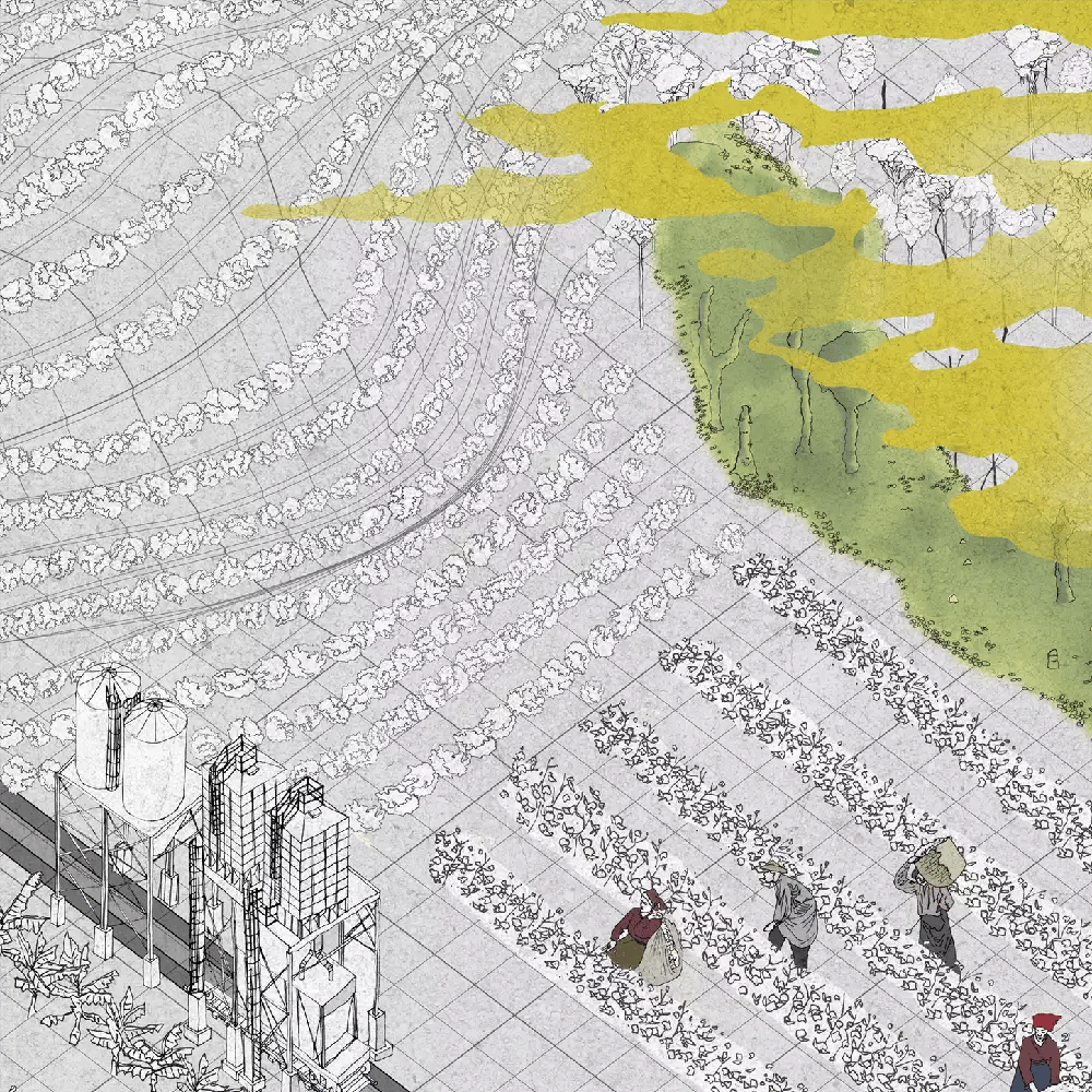 An architectural drawing from above of some people working in uniform fields. Above them in the air is a yellow-ish smog