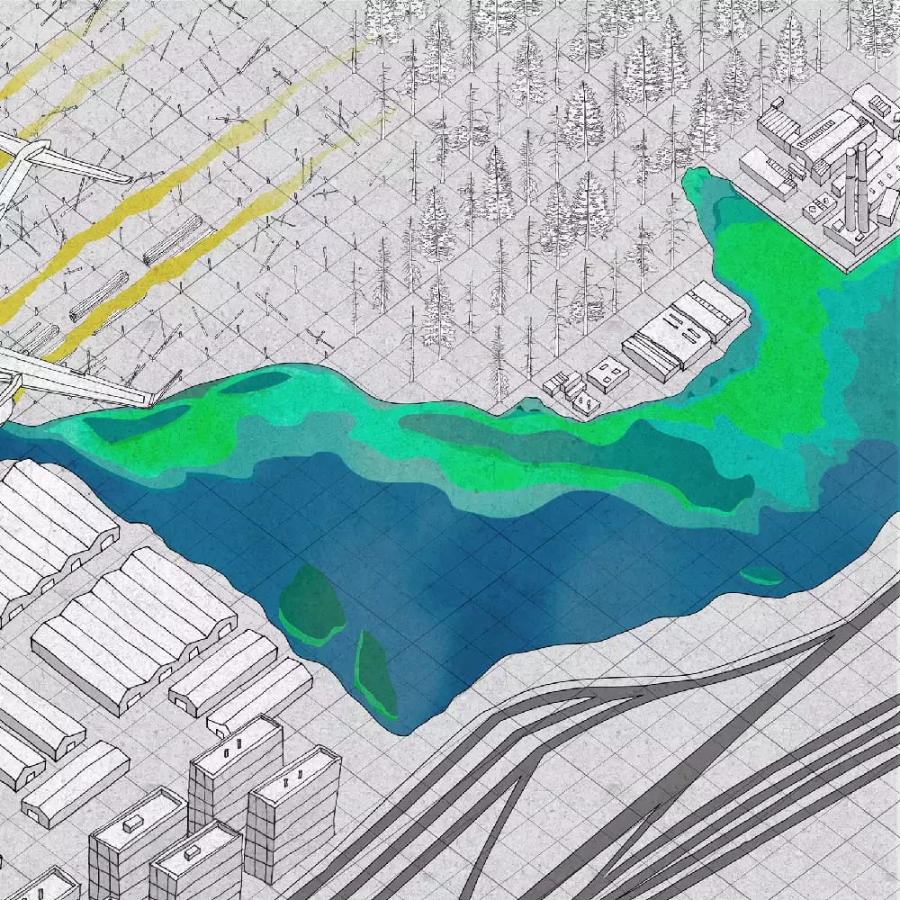 An architectural drawing from above of a city and a forest, with some pollutants flowing into a large body of water