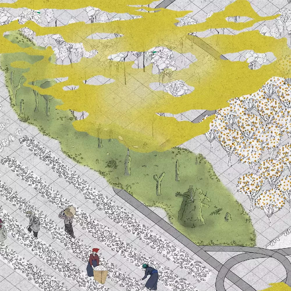 An architectural drawing from above of some people working in a field next to a forest, with a yellowish smog above them