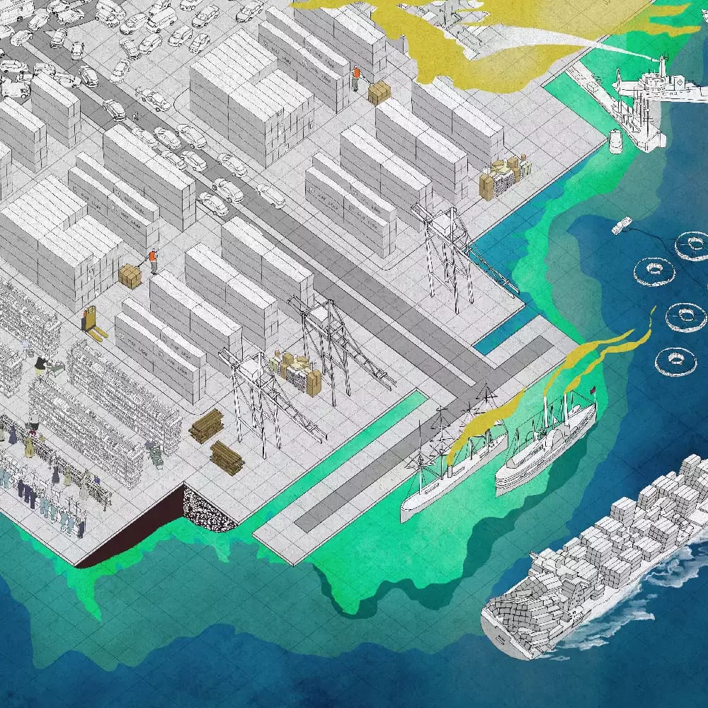 An architectural drawing from above of large shipping containers waiting to board ships next to the sea