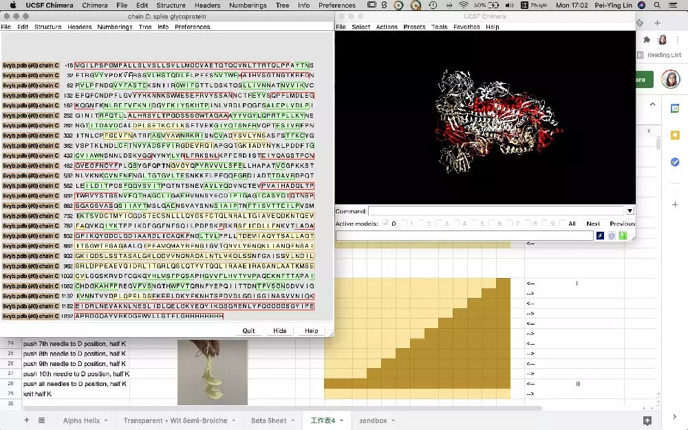 Multiple screen shots. Some with lines of code, one with a graph in an exel-style software, and one with an intracate computer generated graphic of knitting