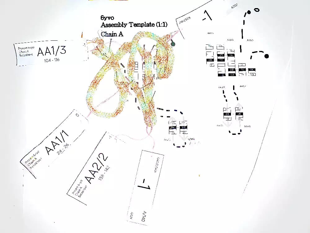 Knitted yarn attached to a piece of paper which has been annotated with pen